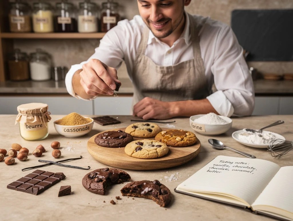 un homme est en train de finir la présentation des cookies qu'il a cuisinés